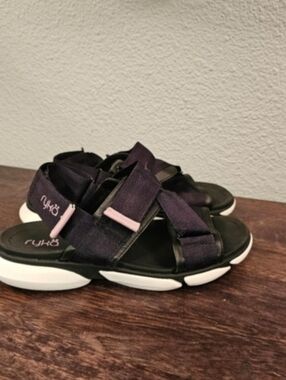 Ryka Black and Purple Sport Sandals with White Soles and Pink Accents Sz 6